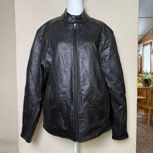 ANDREW MARC Mens Black Leather Motorcycle Jacket Quilted Lined Racer Collar - L